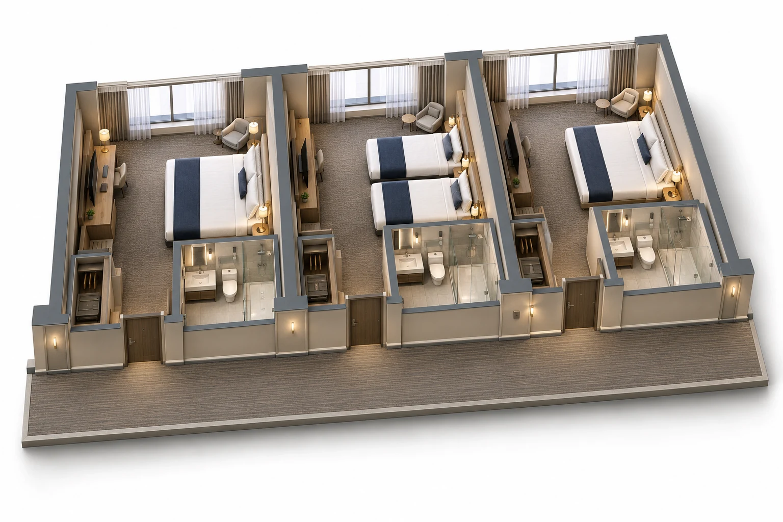Hotel guest-floor cutaway with a shared corridor, two king rooms, one twin room and private ensuite bathrooms.