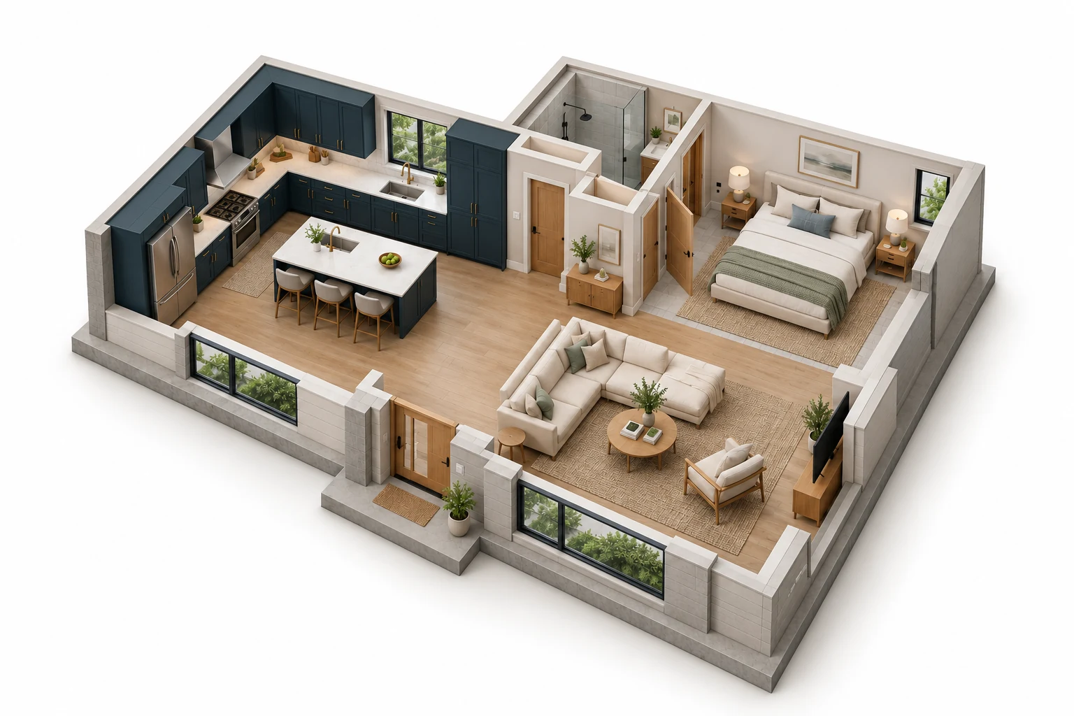 Illustrated home cutaway showing a kitchen, living room and bedroom.
