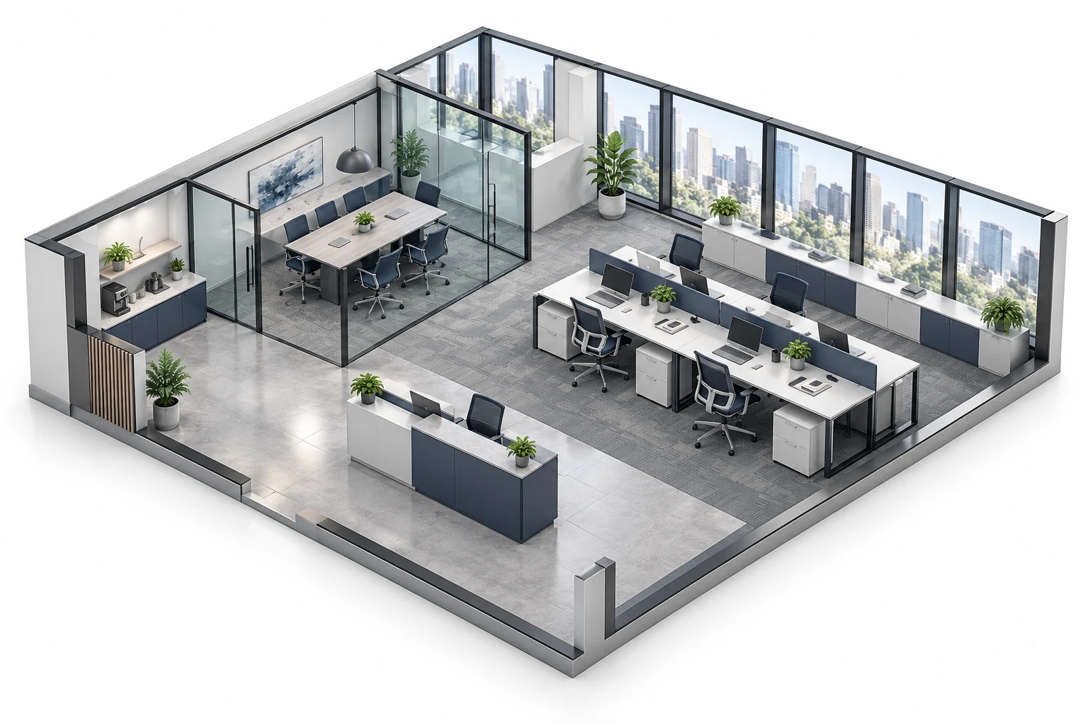 Commercial office cutaway with open workstations, a glass meeting room, reception and a coffee point.