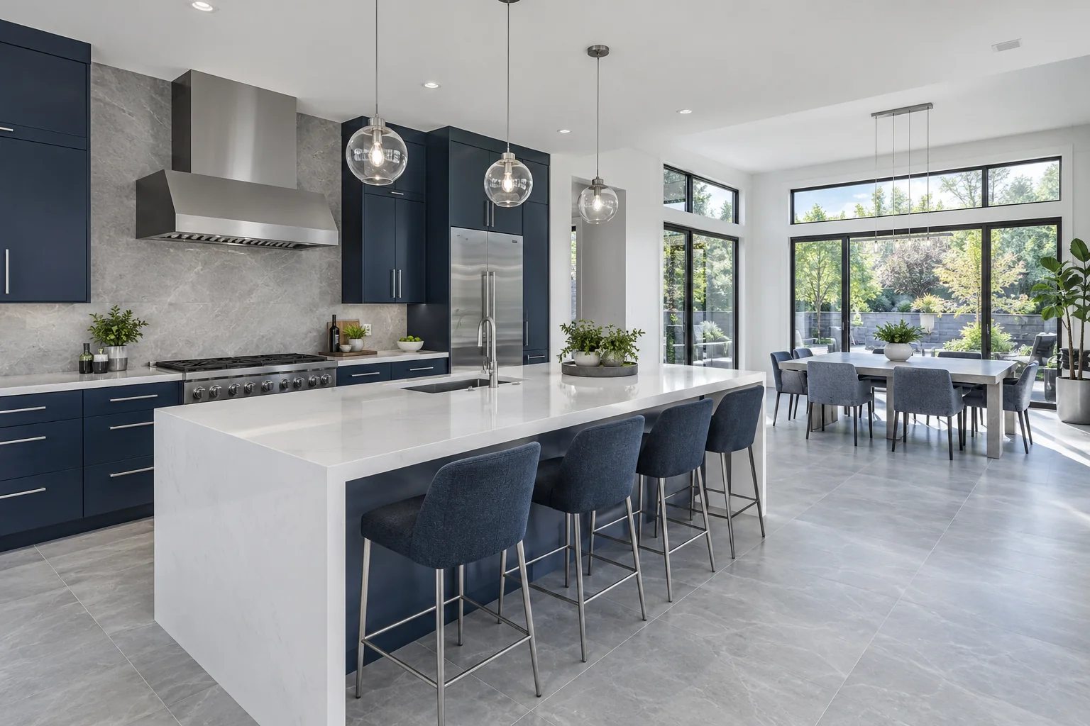 Illustrated kitchen and dining area with a central island, blue cabinets and daylight.