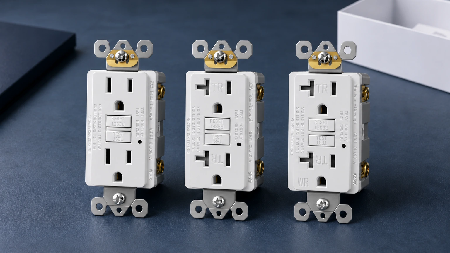 White FAHINT GF15 15A, GT20 20A TR and GW20 20A TR/WR GFCI outlets displayed on a dark blue tabletop.