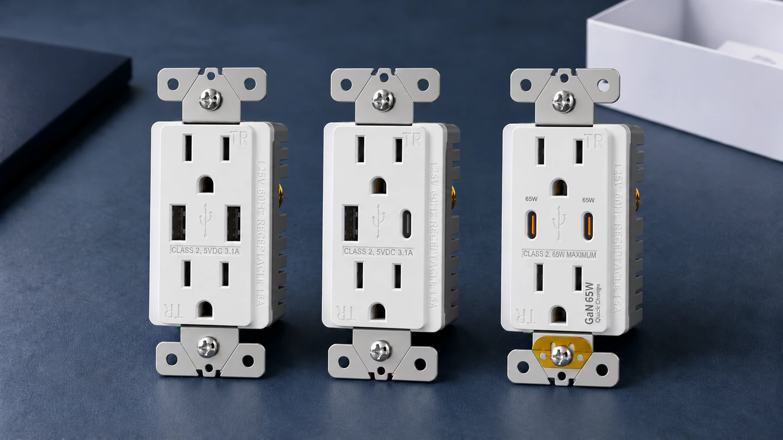 White FAHINT FTR15-3100 dual USB-A, FTR15C-3100 USB-A/USB-C and FTR15QC-DC65W dual USB-C outlets displayed on a dark blue tabletop.