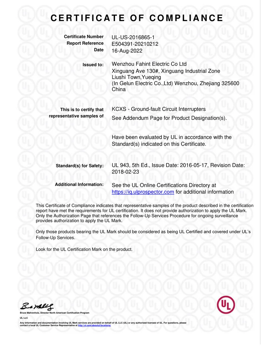 UL — GFCI Receptacles certificate