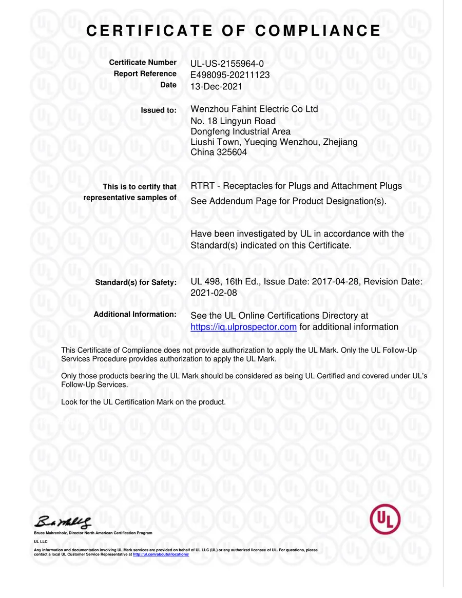 UL — Standard Receptacles certificate