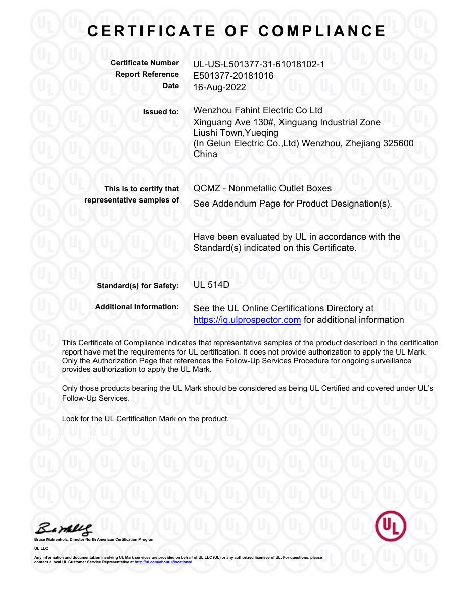 UL — Wallplates (BS1801–BS1804) certificate