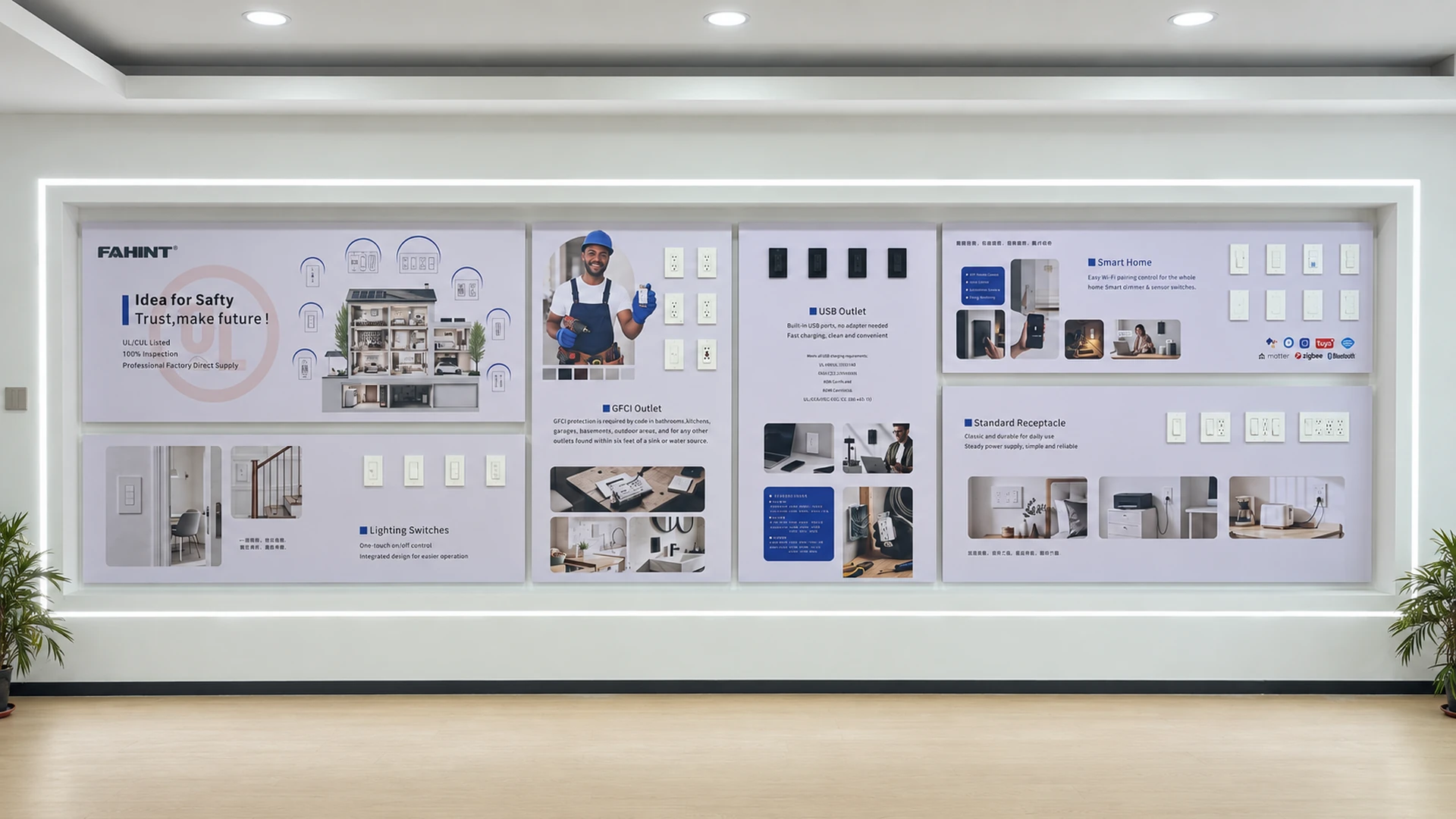 FAHINT product display wall in the sample showroom, with corrected perspective