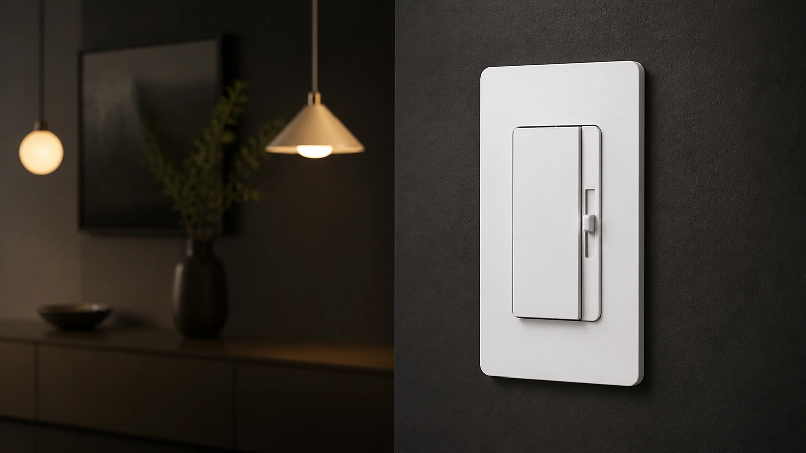 White paddle and slide dimmer on a dark wall beside a softly lit room.