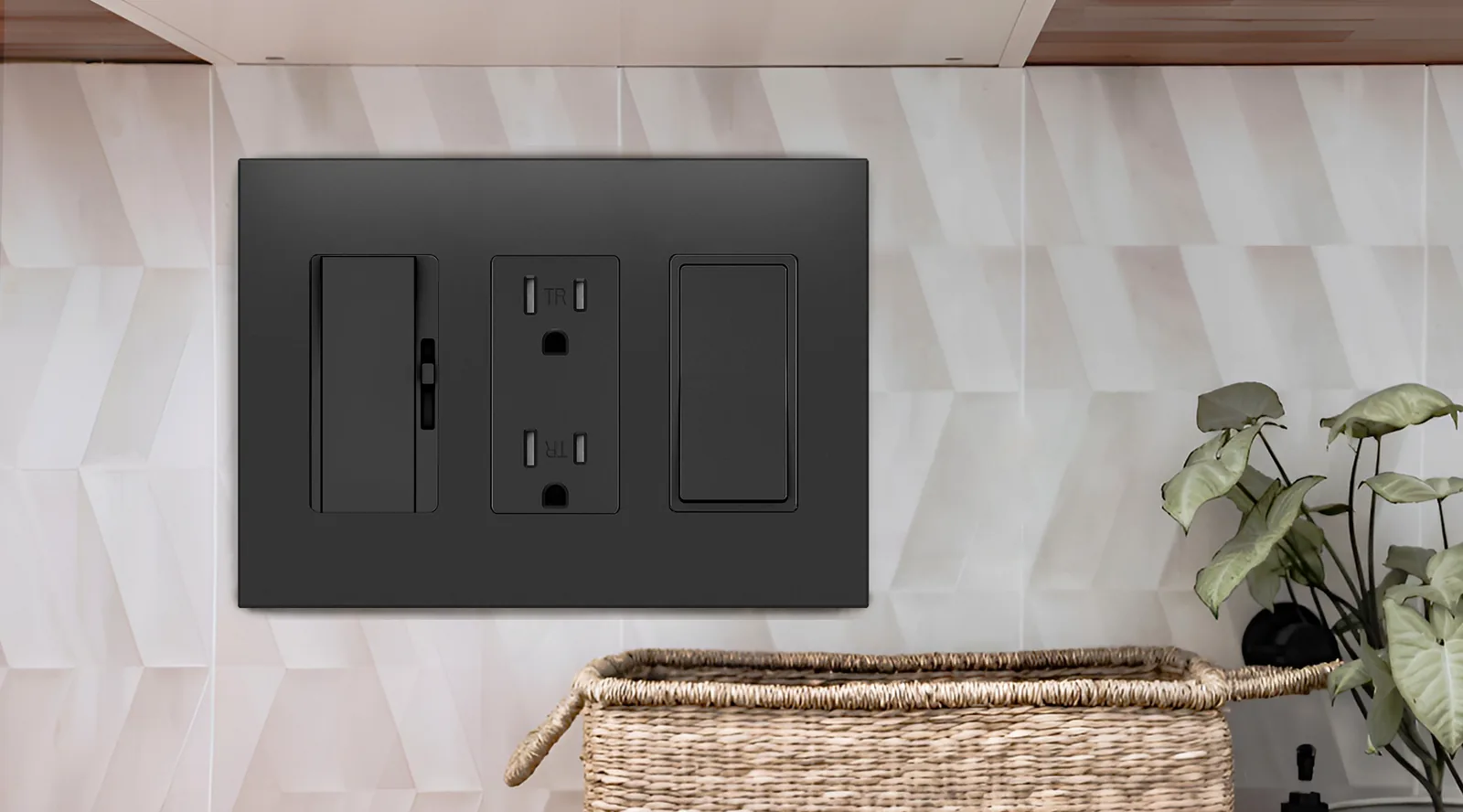 A receptacle between lighting controls in a dark wallplate, shown in an interior illustration.