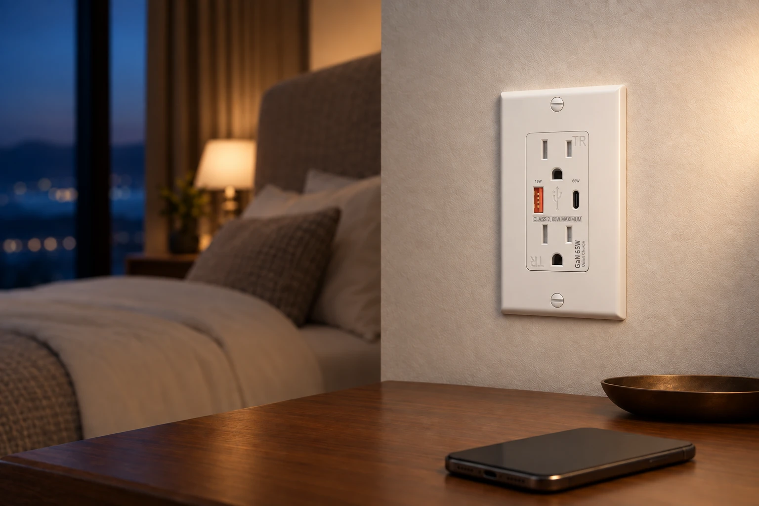 White FAHINT USB charging outlet installed beside a bed