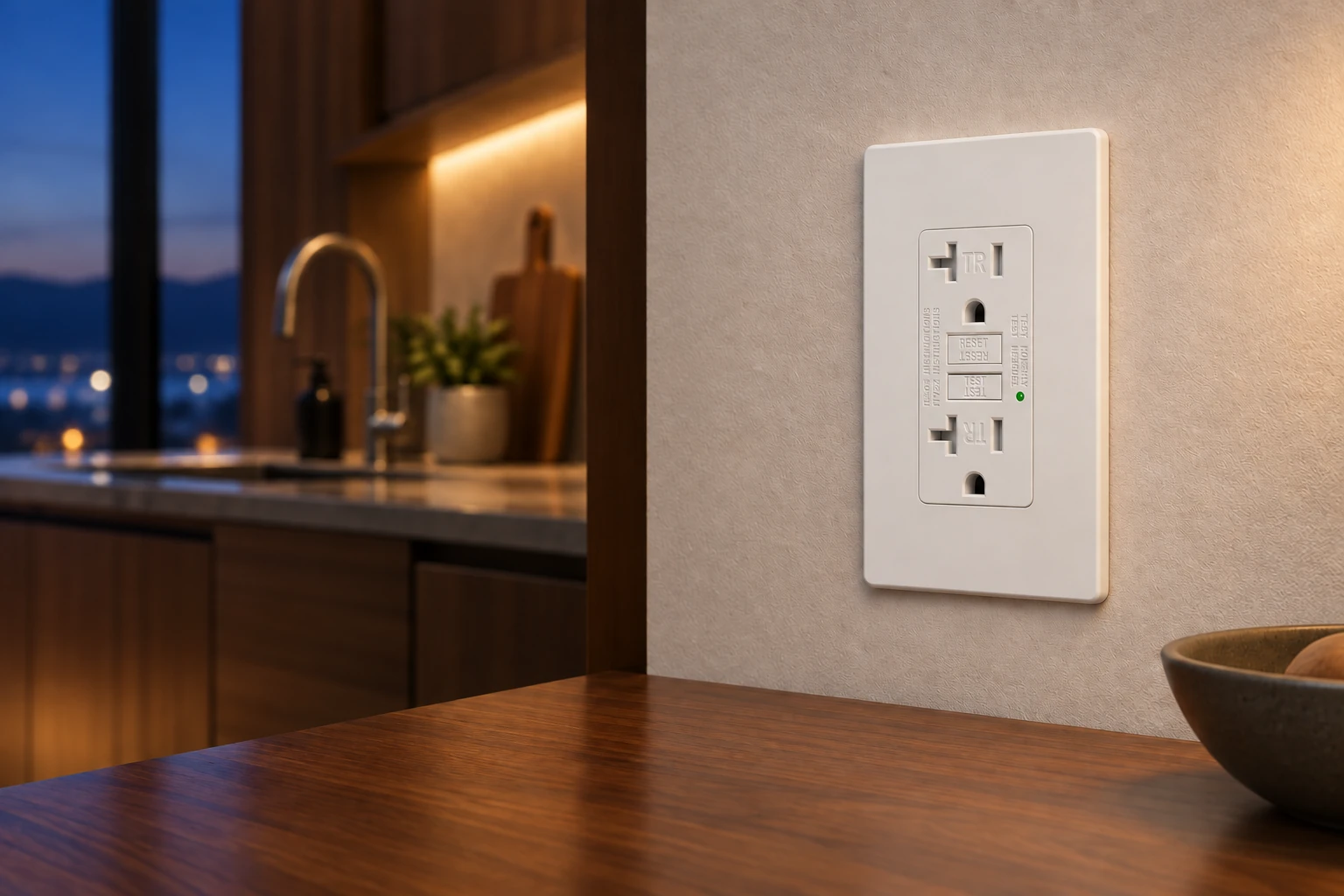 White FAHINT GFCI outlet installed beside a warmly lit kitchen