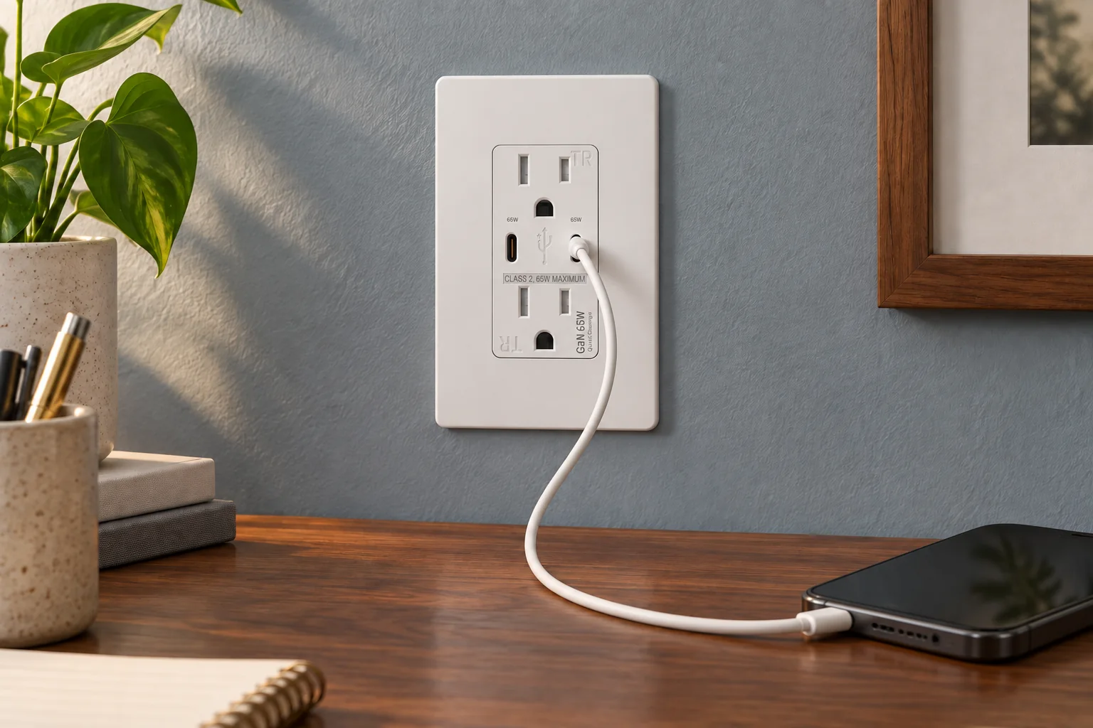 USB Outlets, illustrative installation at a writing desk