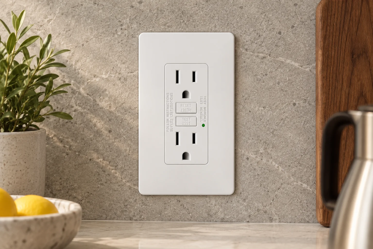 GFCI Outlets, illustrative installation at a kitchen backsplash